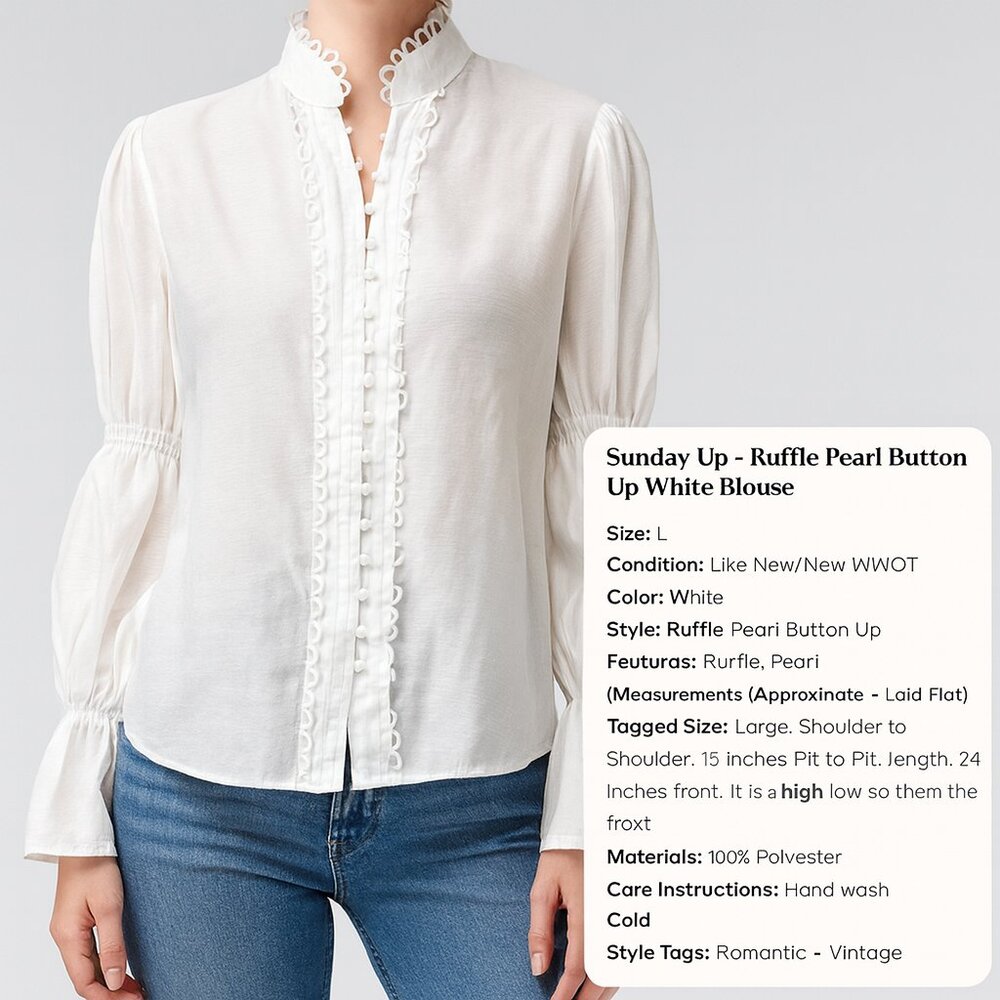 Sunday Up White Ruffle Pearl Button Blouse L | Romantic Coquette Cottagecore